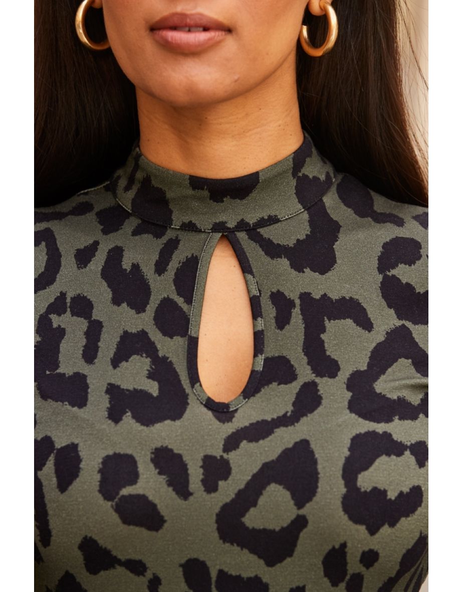 Khaki Green Animal Print Keyhole Detail Wide Leg Jumpsuit - 4