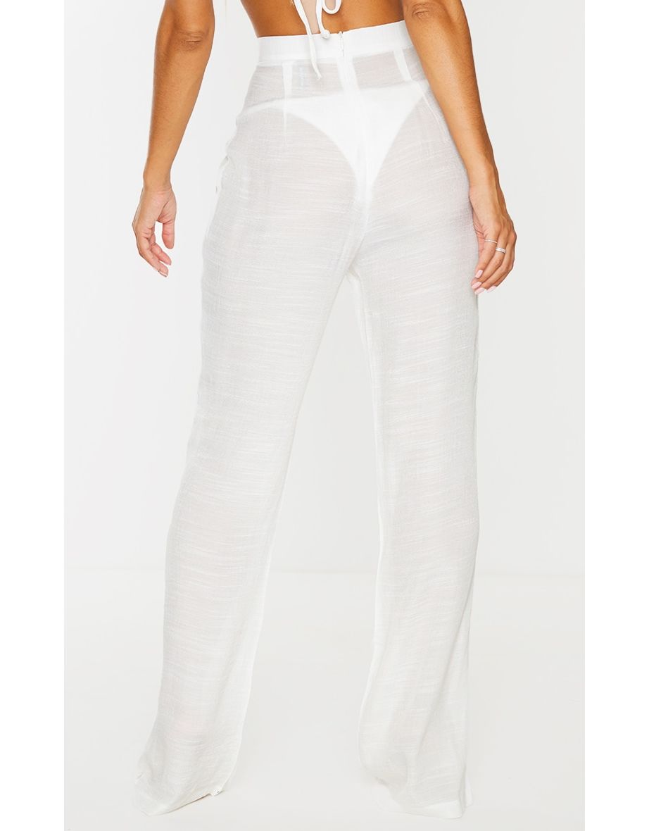 White Wide Leg Linen Look Beach Trousers - 1