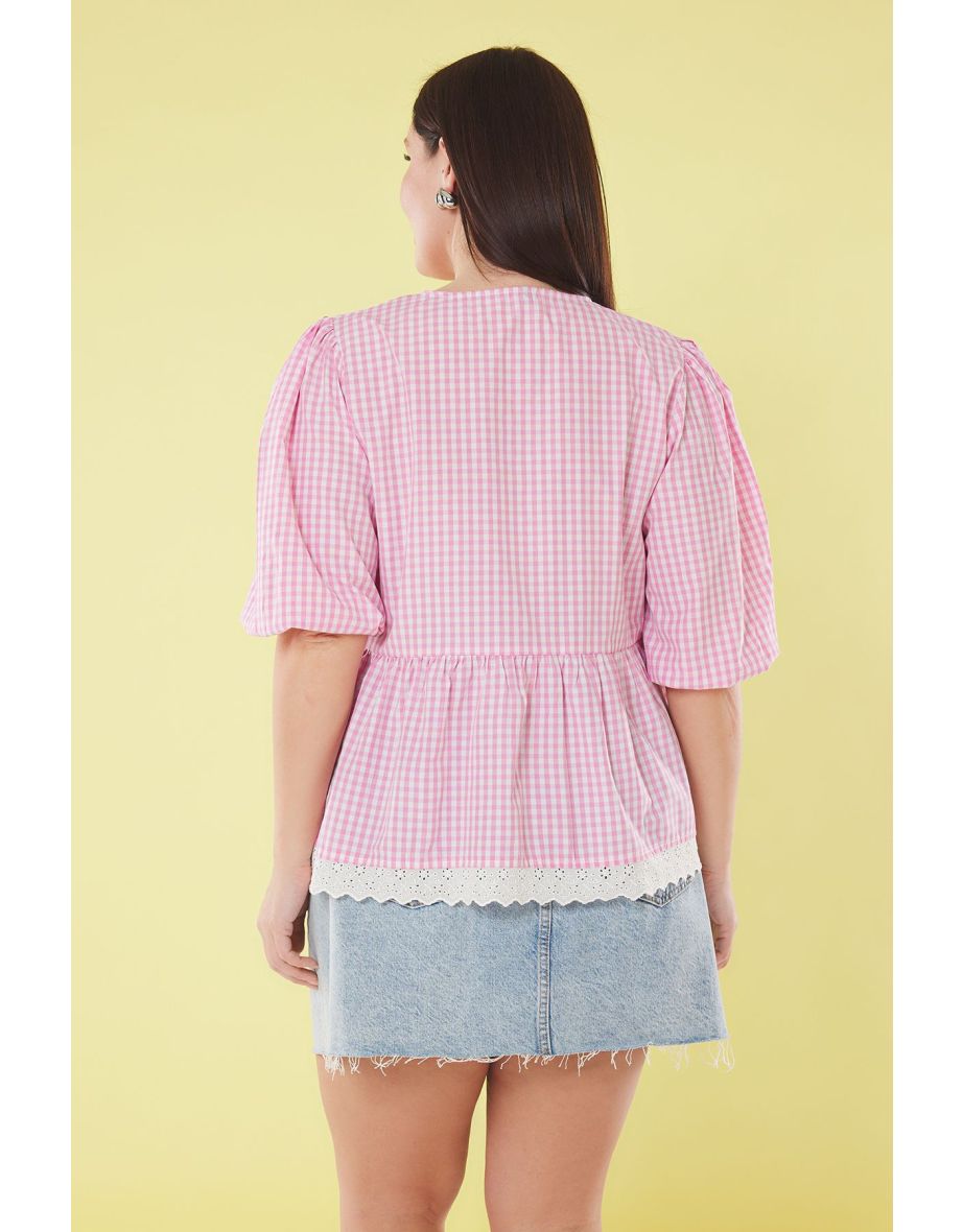 Pink Plaid/Checked Bow Skirt Embroidered Woven Plus Size Blouse - 3