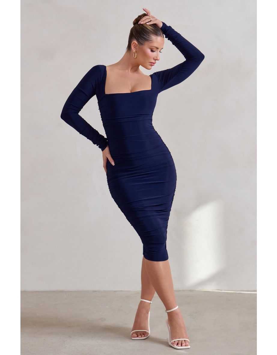 Seductress | Navy Long Sleeve Square Neck Ruched Midi Dress