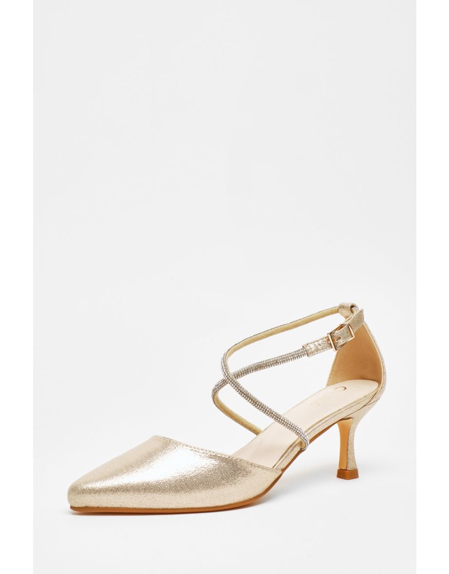 Quiz Gold Satin Cross Strap Court Heels