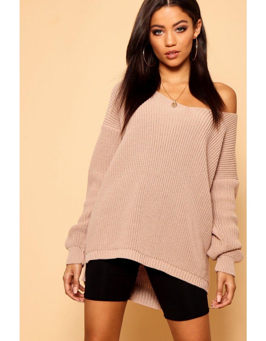 Oversized V Neck Jumper - sand - 3