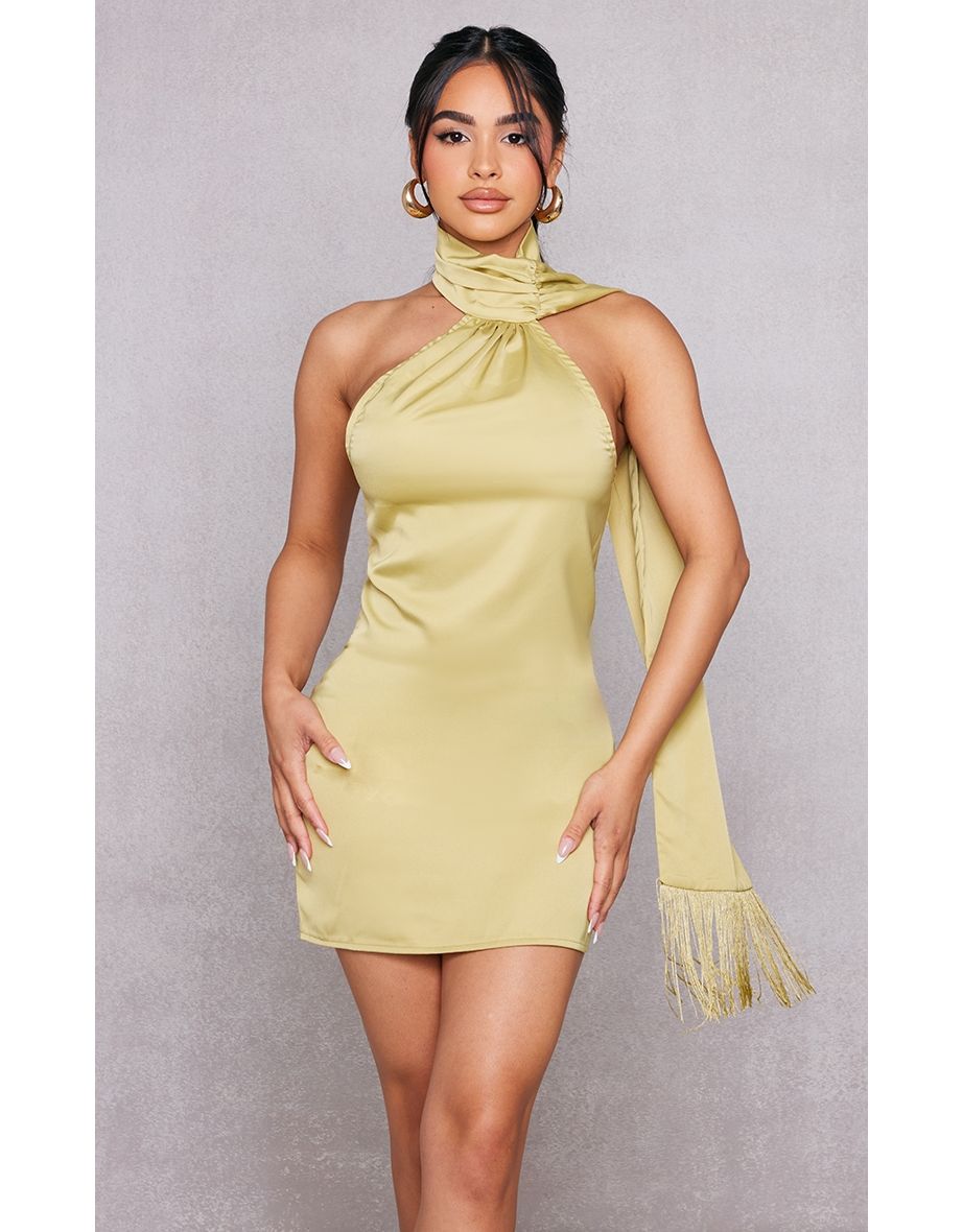 Petite Olive Wrap Neck Satin Mini Dress