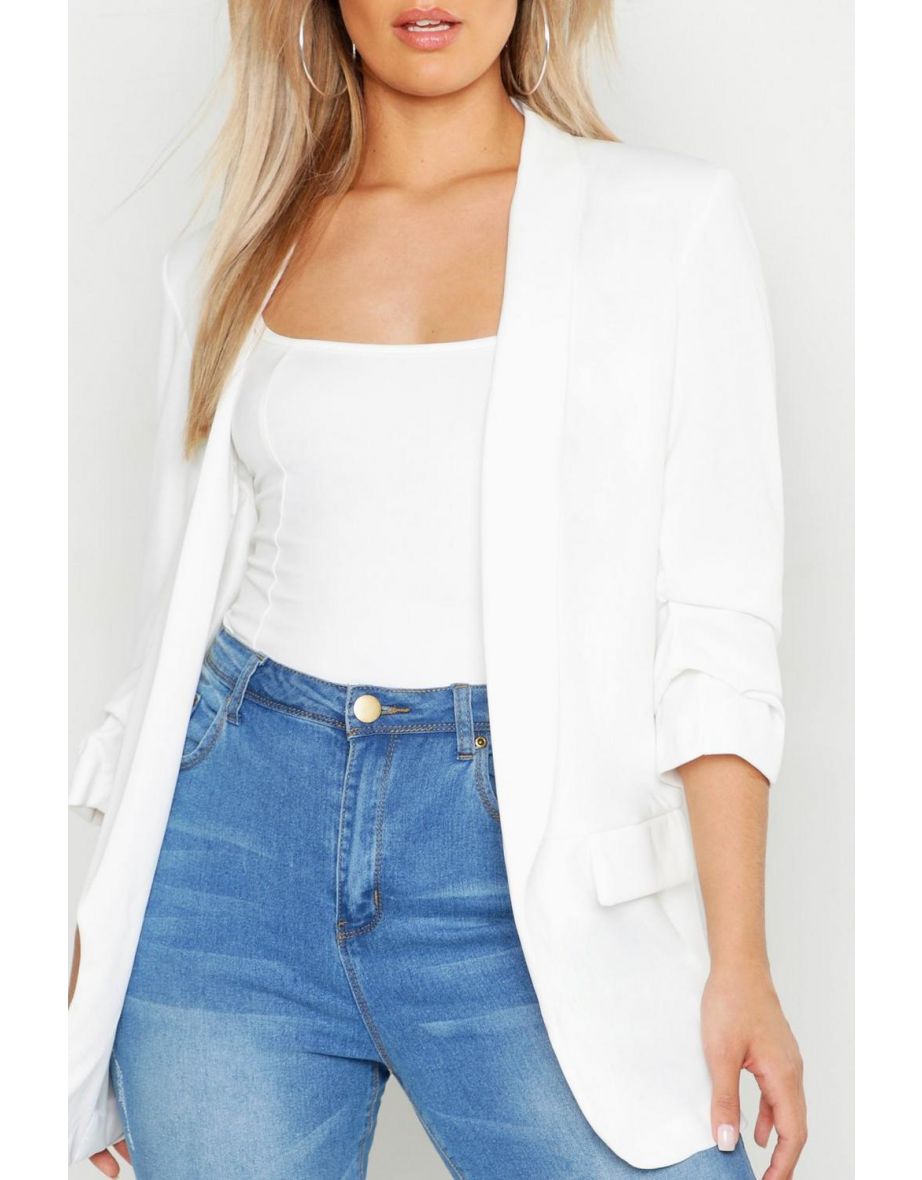 Plus Ruched Sleeve Blazer - white - 3