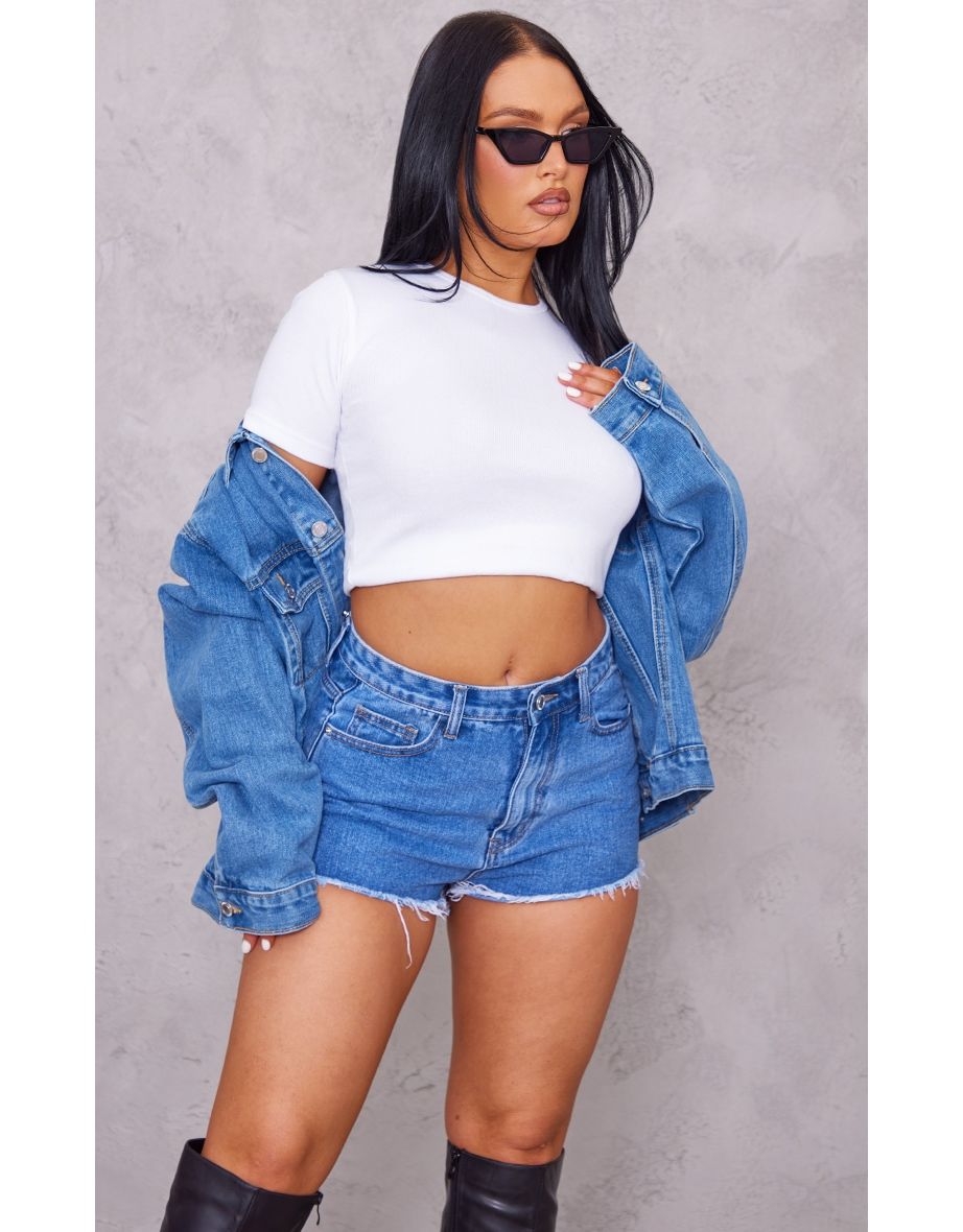Mid Blue Wash Denim Frayed Hem Shorts