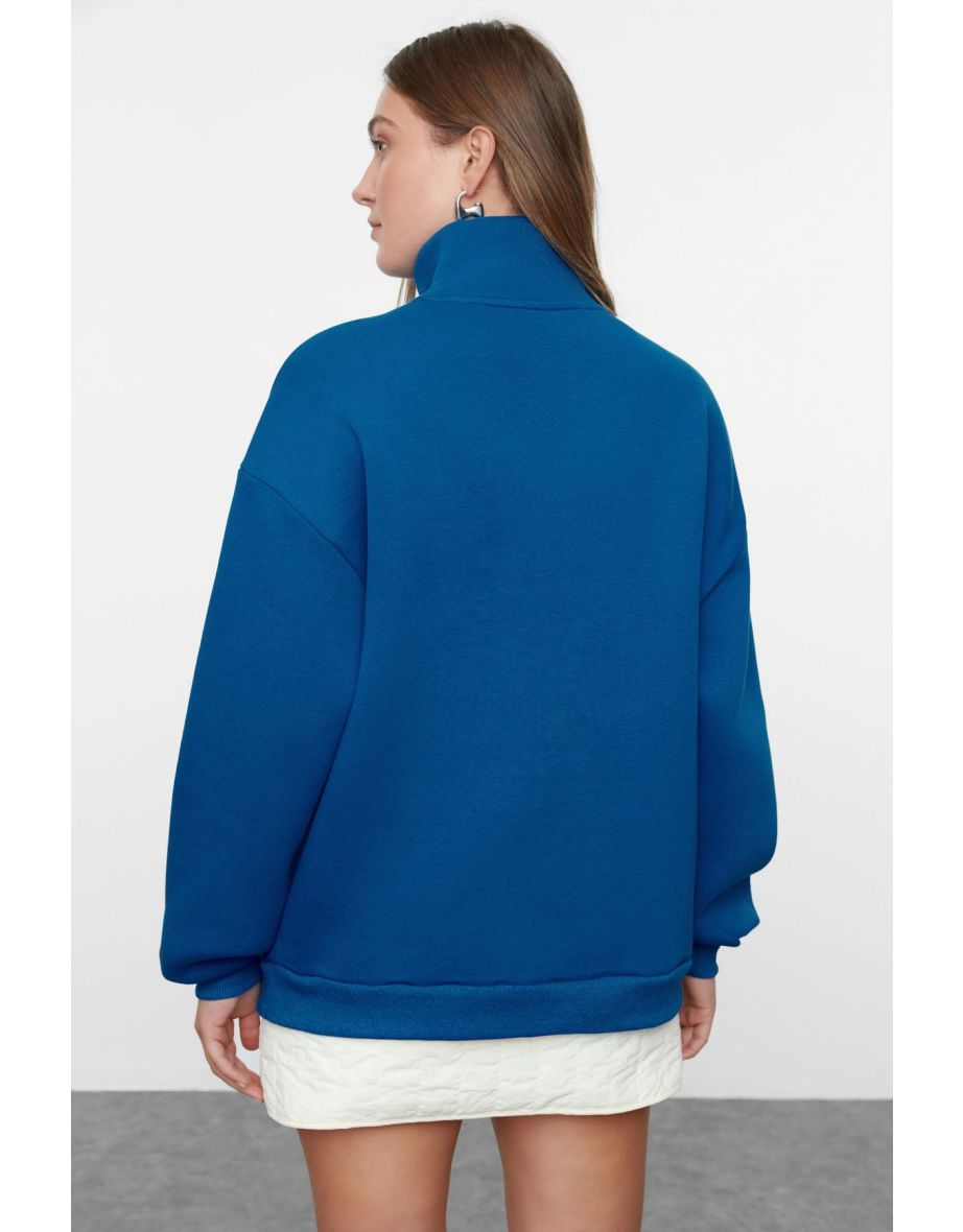 Saks Zipper Printed Oversize Thick Fleece Inside Knitted Sweatshirt - 4