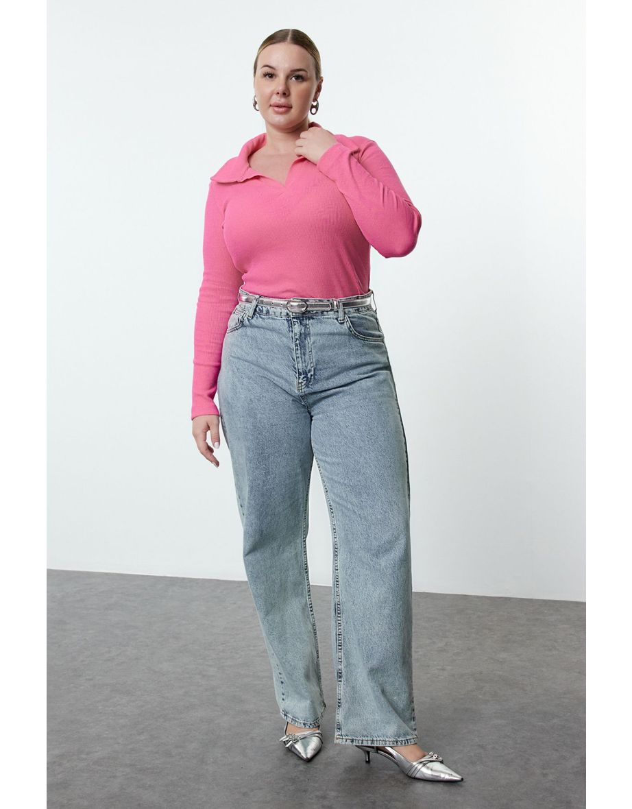 Curve Ribbed Collared Bodysuit Top -Pink