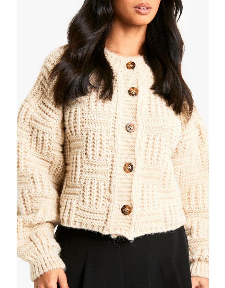 Petite Chunky Basket Stitch High Neck Knitted Cardigan - 3
