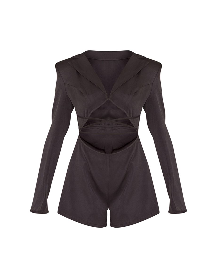 Black Tie Waist Shoulder Pad Blazer Style Playsuit - 4