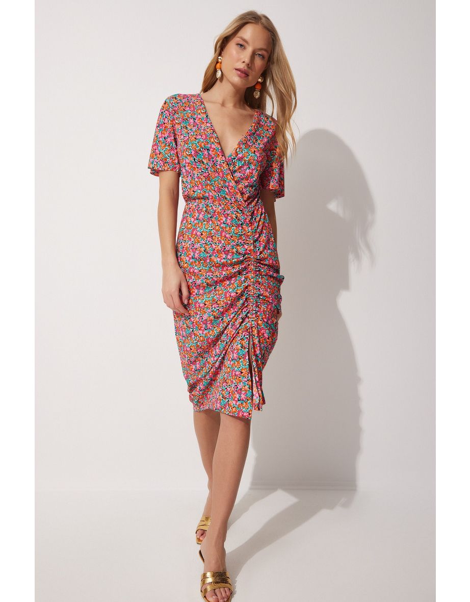 Women's Pink Floral Wrapped Collar Summer Dress - 5