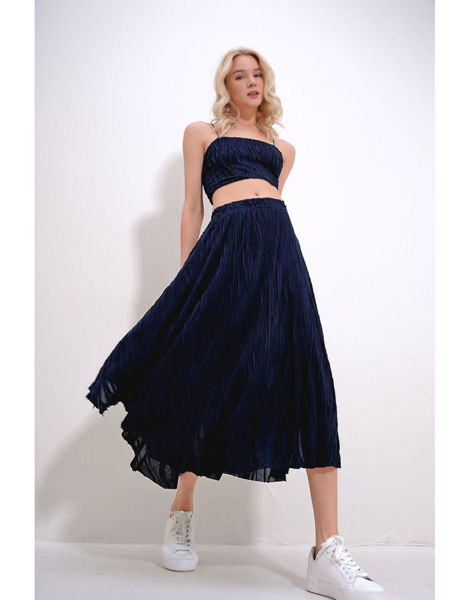 Women's Navy Blue Bustier and Skirted Bottom Top Woven Set