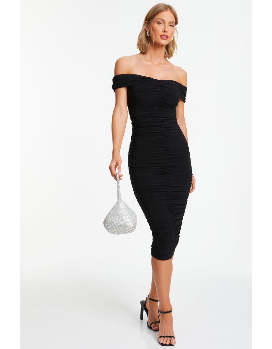 Black bardot ruched top dress