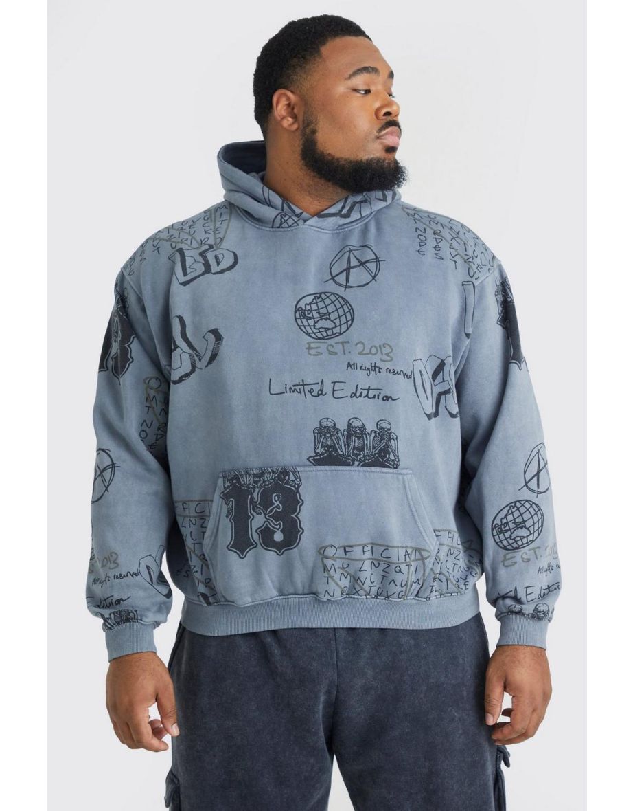 Plus Oversized Boxy Washed Graffiti Hoodie - charcoal