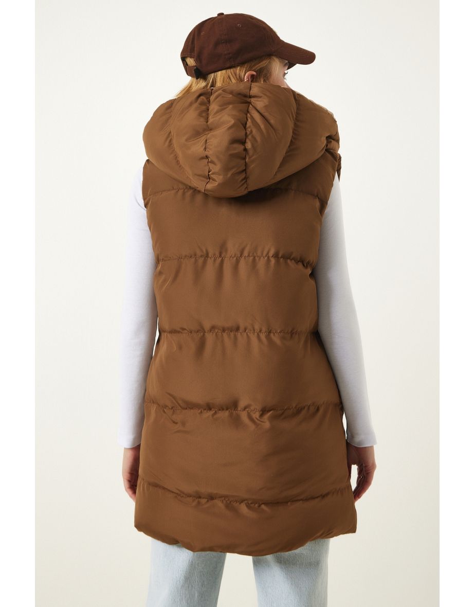 Women's Beige Camel Hooded Reversible Puffer Vest - 10