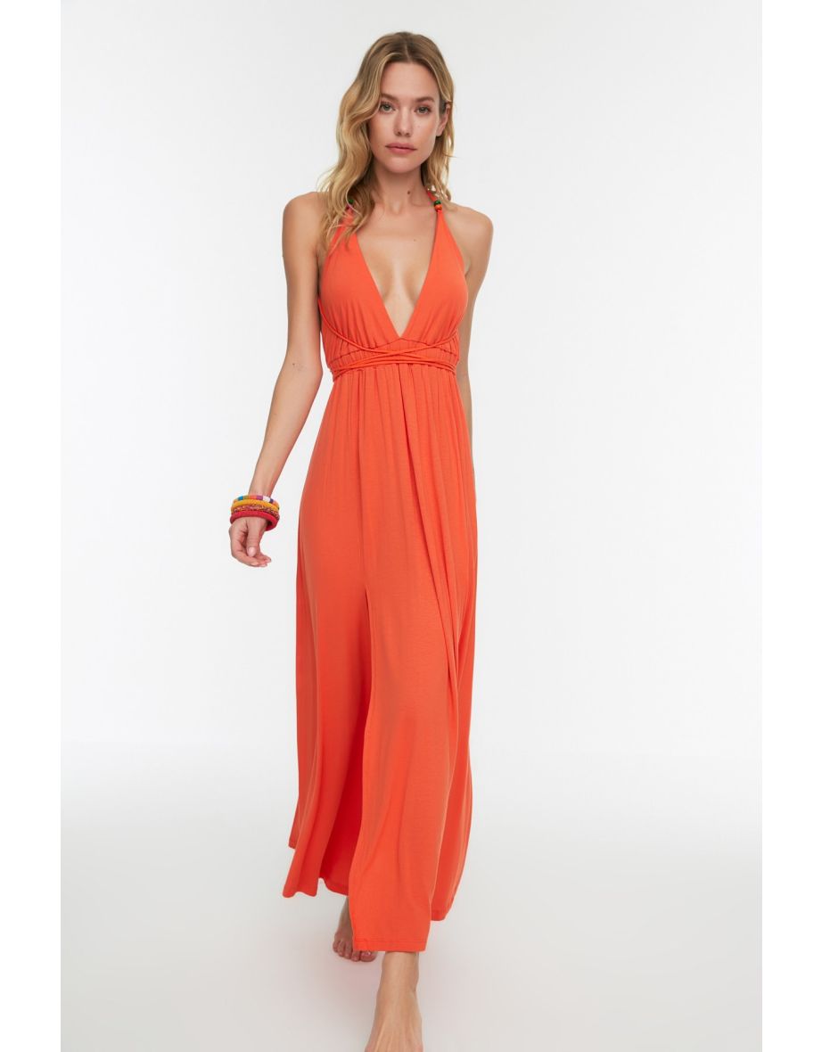 Orange Maxi Dress - Halter Neck - 4