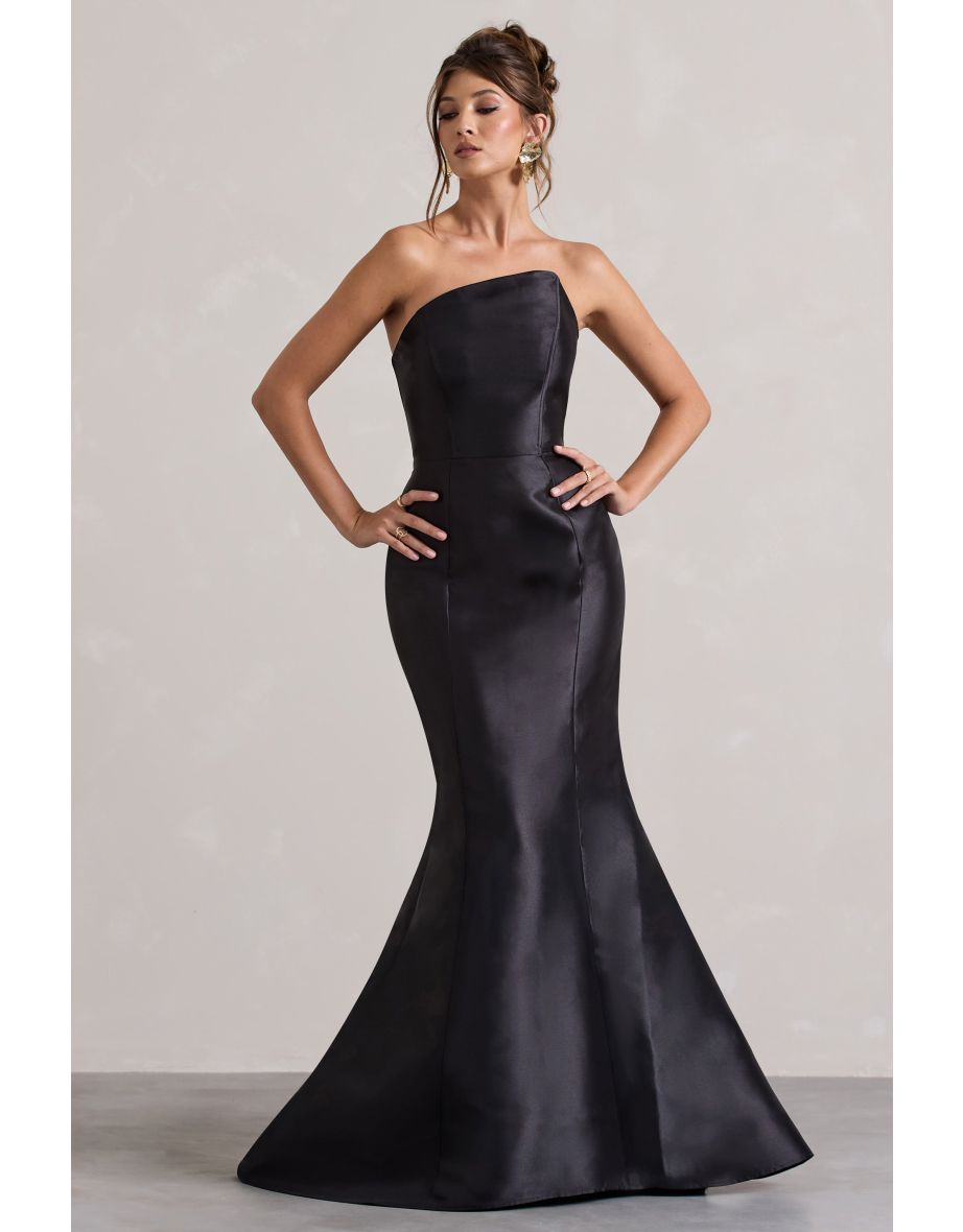 Define | Black Satin Asymmetric Fishtail Floor Dress