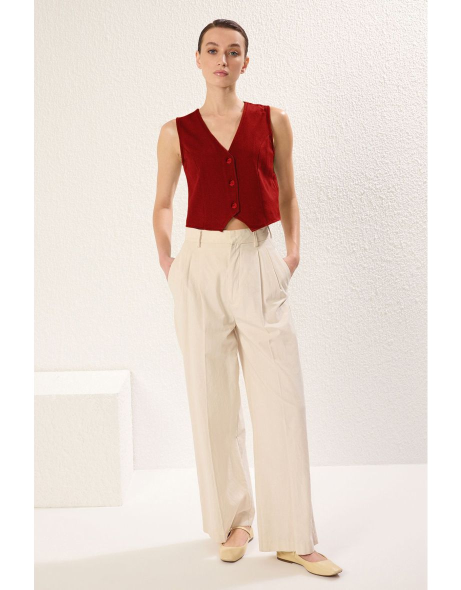 Red Regular Cotton Crop Linen Woven Waistcoat