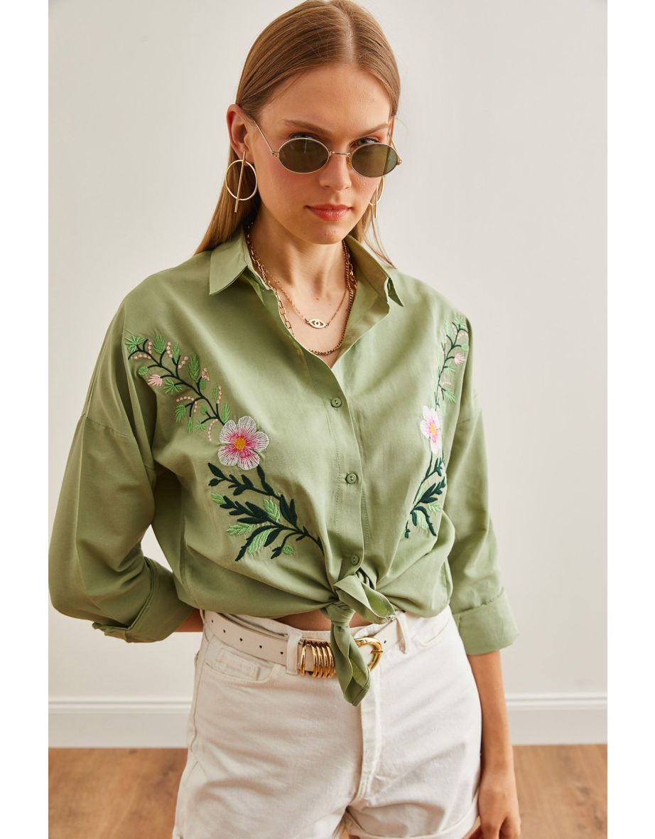 Women's Violet Mold Green Embroidery Detailed Oversize Woven Shirt - 6