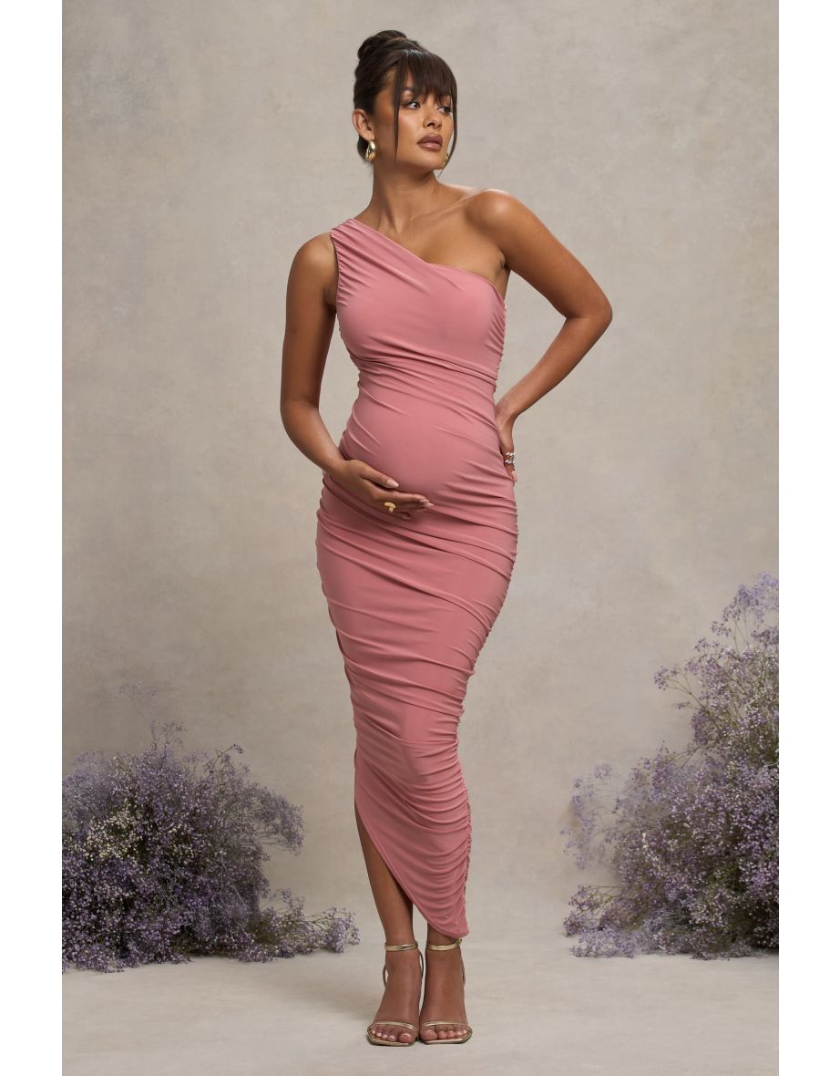 Late Night | Blush Pink Maternity Ruched One Shoulder Midi Dress