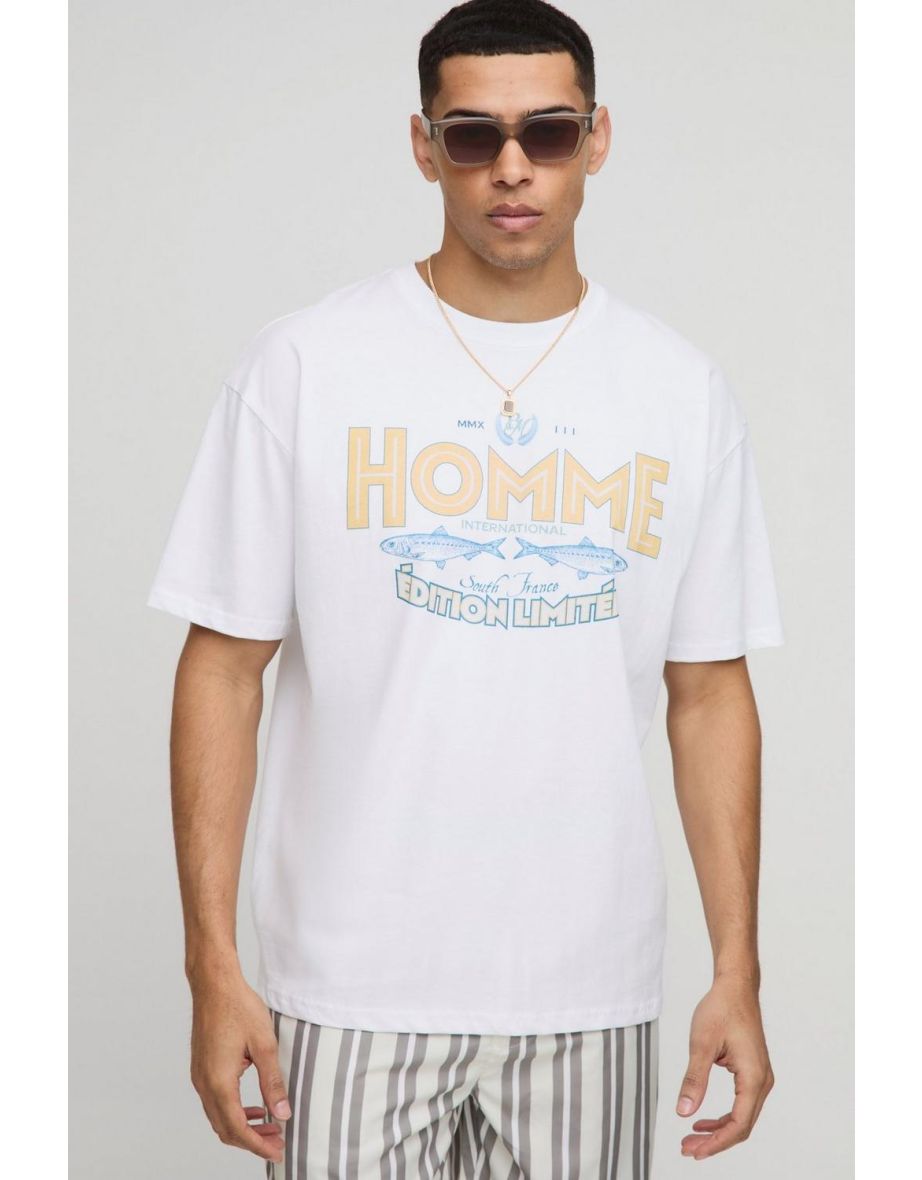 Oversized Homme Sardine Graphic T-Shirt - white