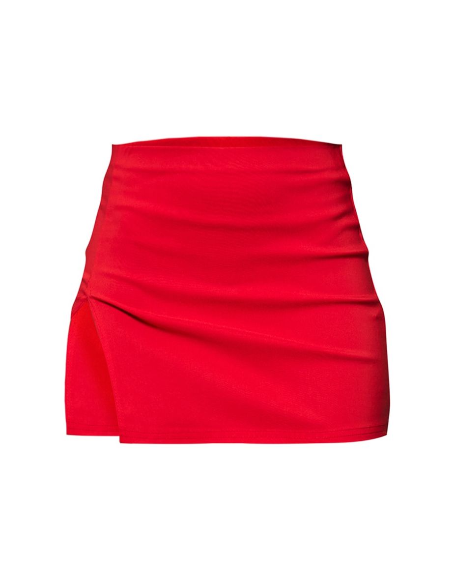 Red Bodycon Mini Skirt with Slit - 5