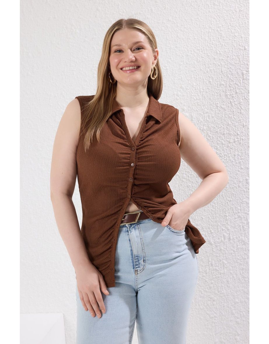 Brown Shirt Collar Gathered Knitting Plus Size Blouse
