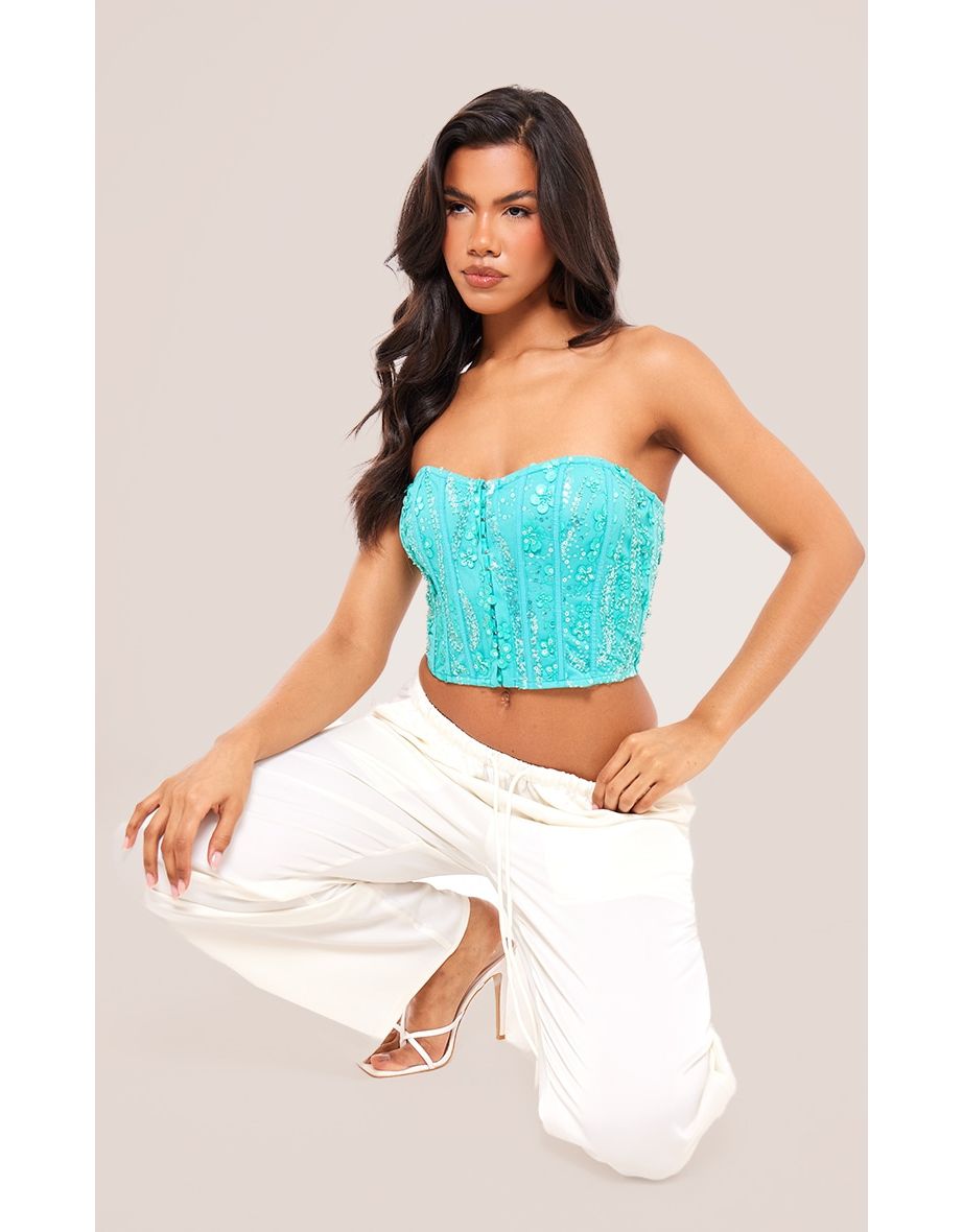 Turquoise Sequin Chiffon Boned Corset