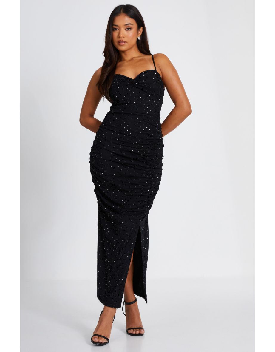 Petite Black Mesh Knot Front Maxi Dress