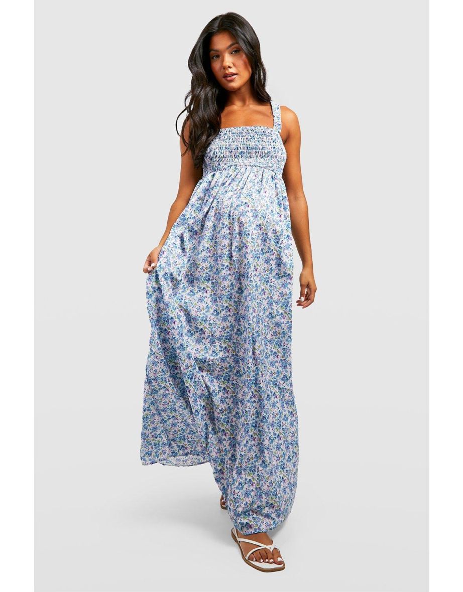Blue Maternity Floral Ruched A-Line Maxi Smock Dress