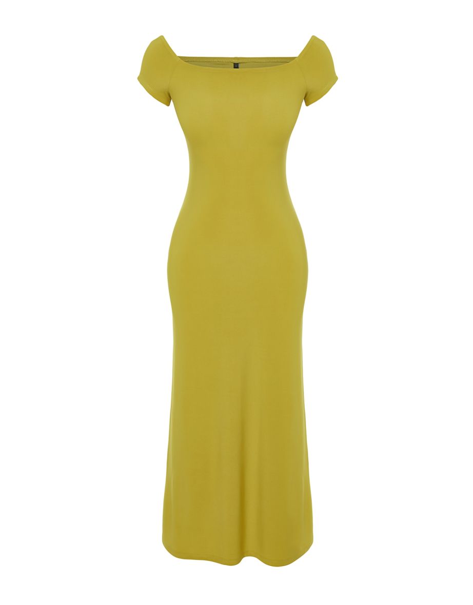 Green Carmen Neckline Fitted/Sleeping Maxi Stretchy Knitted Maxi Dress