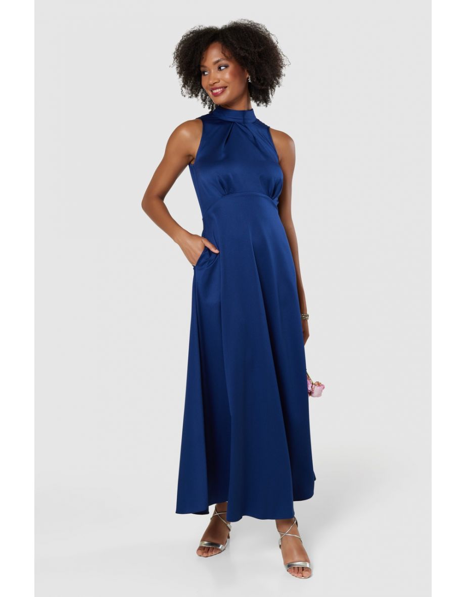 Halter Neck Satin Maxi Dress in Navy – Chi Chi London