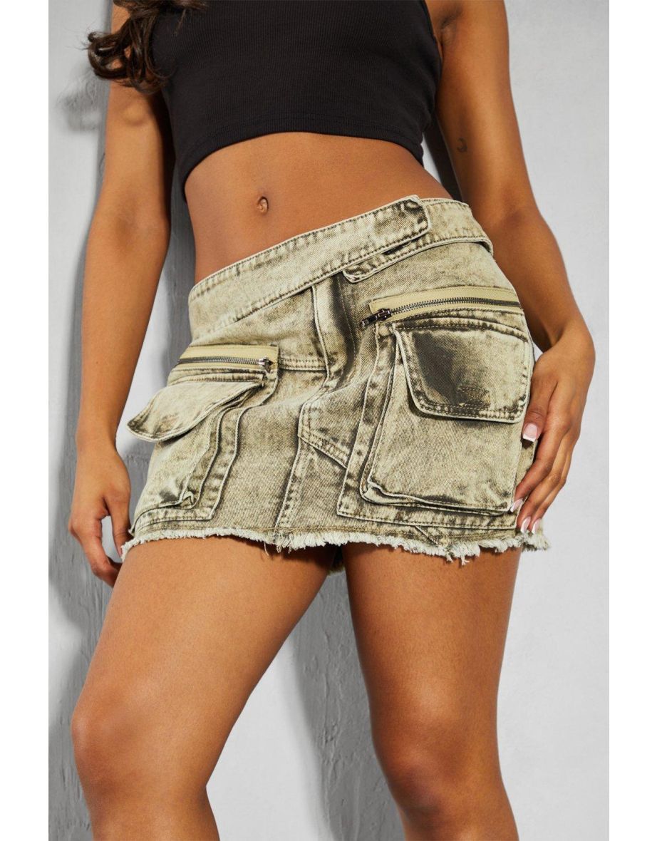 Denim Multi Pocket Acid Wash Mini Skirt - 3