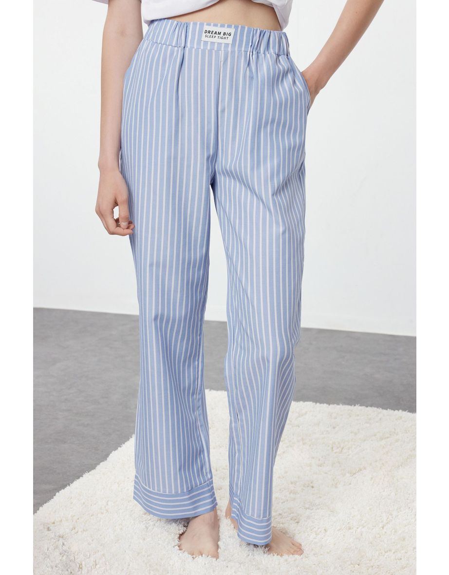Blue 100% Polyester Striped Poplin Woven Pajama Bottoms - 5