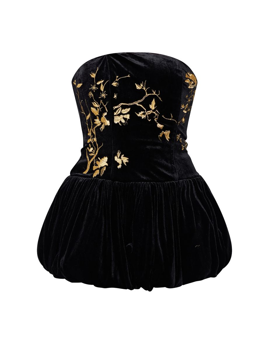 Black Velvet Embroidered Detail Puffball Dress