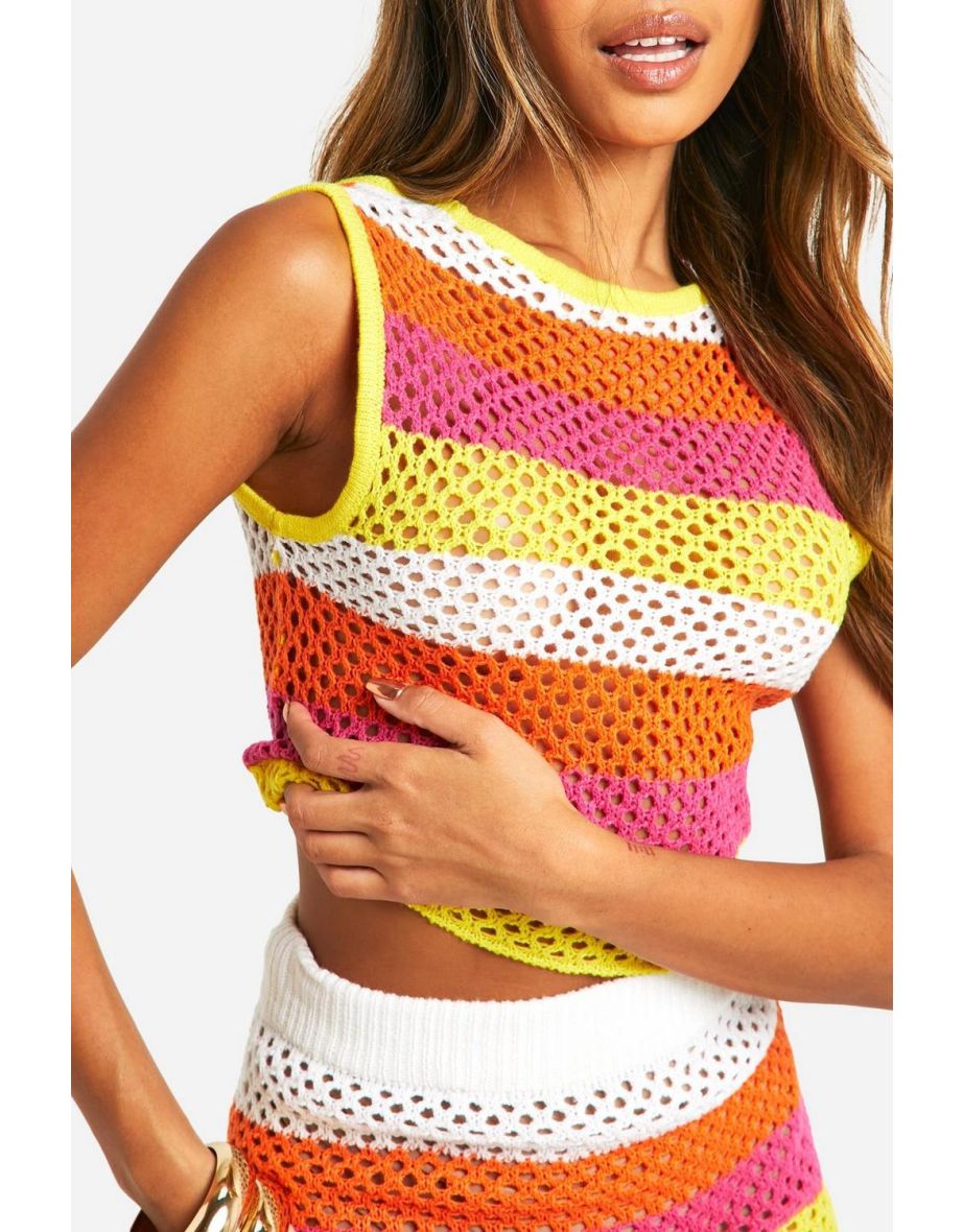 Stripe Crochet High Neck Crop Top - pink - 3