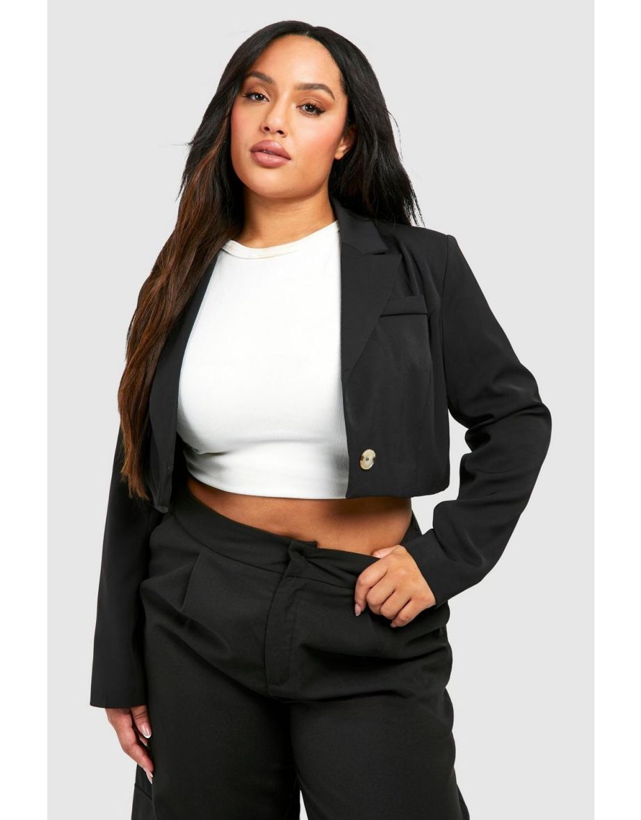 Plus Boxy Relaxed Fit Crop Blazer - black