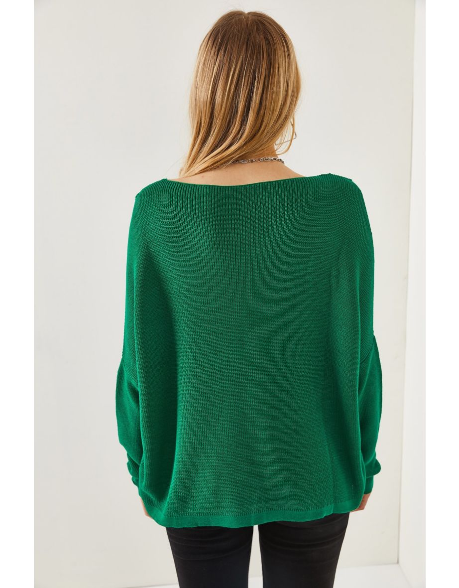 Women's Emerald Green V-Neck Decollete Loose Knitwear Blouse - 4
