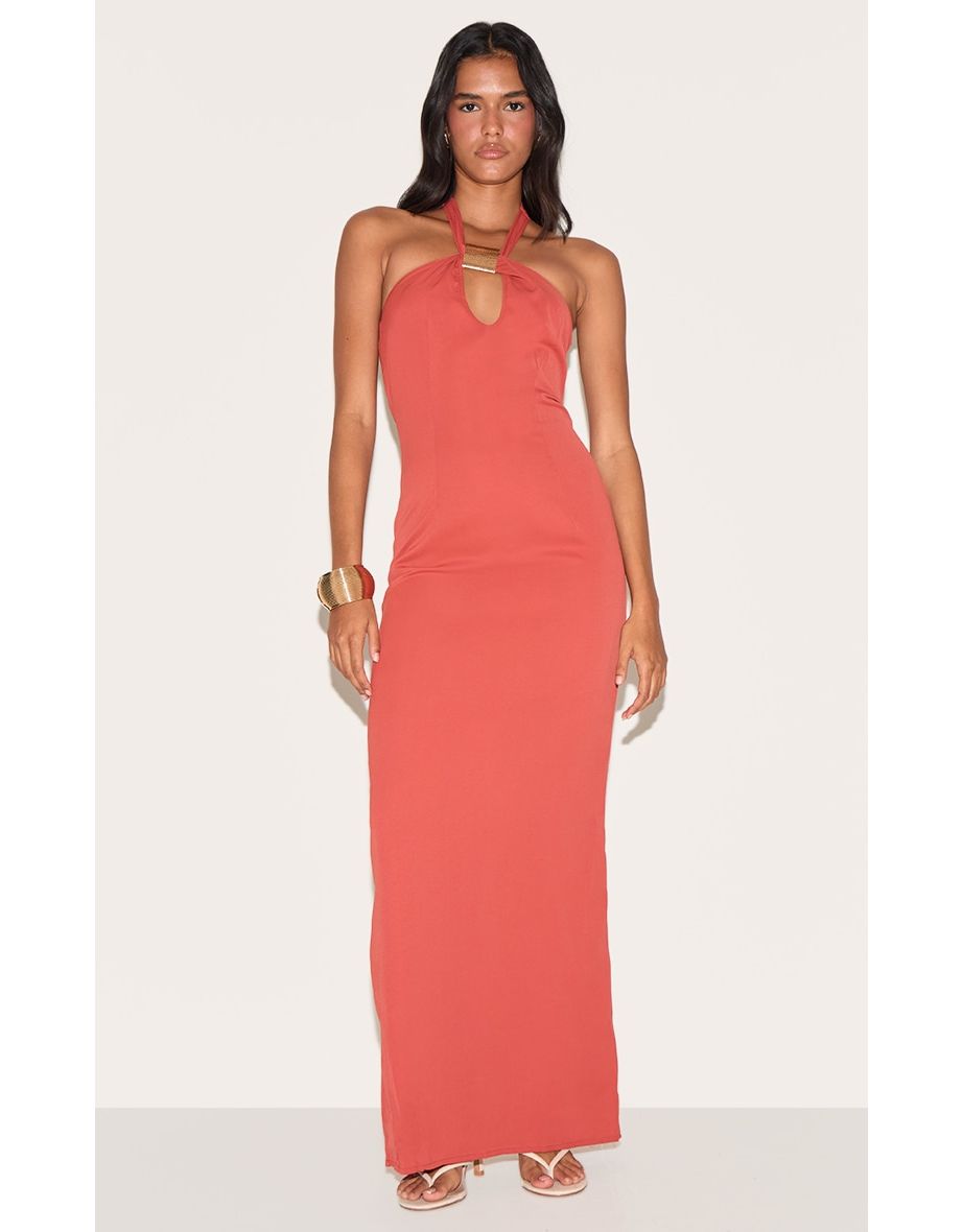 Rust Woven Halter Neck Trim Detail Maxi Dress