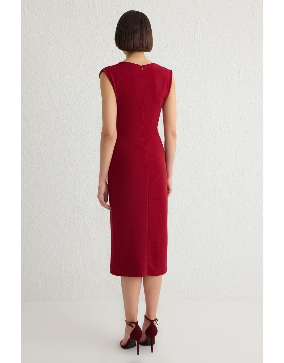 Burgundy V Neck Belted Bodycone/Fits on Body Midi Knit Dress - 4