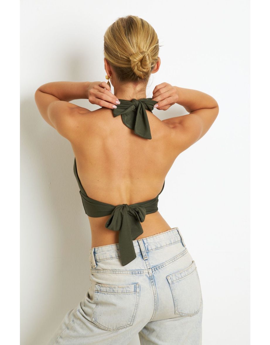 Women's Khaki Back and Neck Tie Top - 8