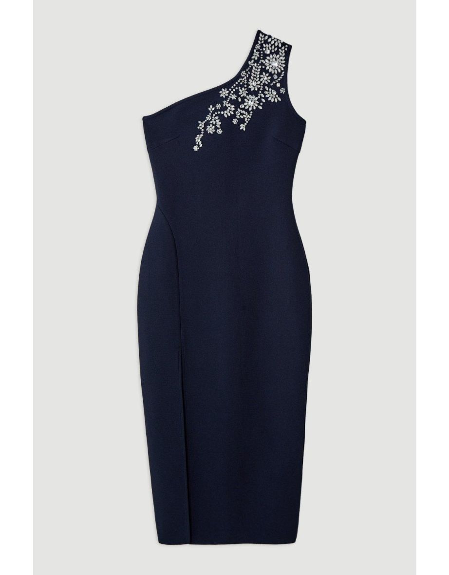 Figure Form Bandage Knit Embellished One Shoulder Midaxi Dress - 3
