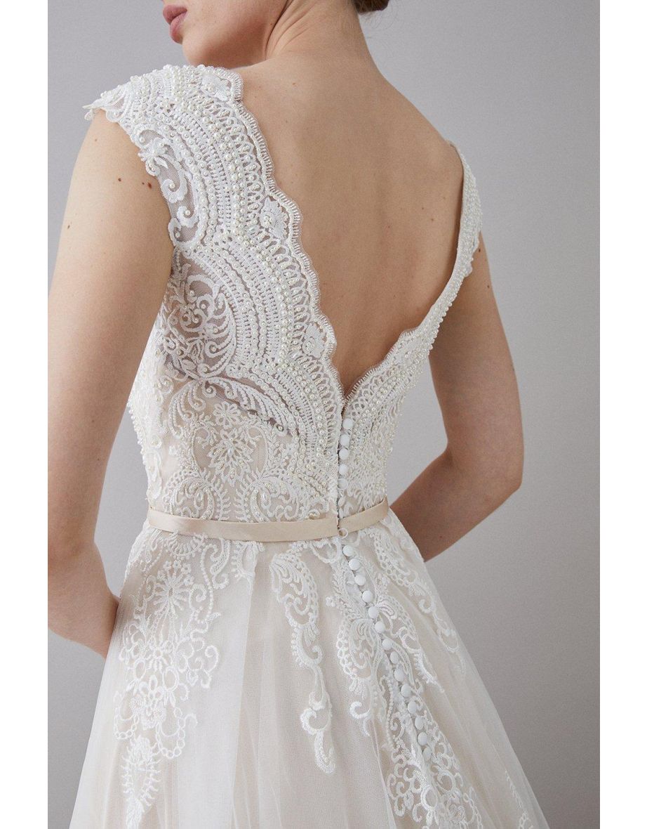 Pearl Embellished Lace Bardot Sweetheart Wedding Dress - 3