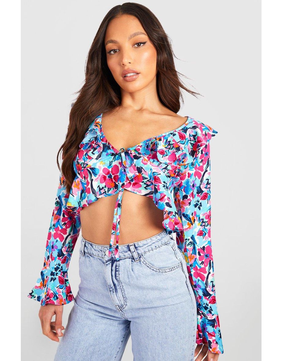 Shop Tall Floral Ruffle Tie Front Crop Blouse blue Online in Oman VogaCloset