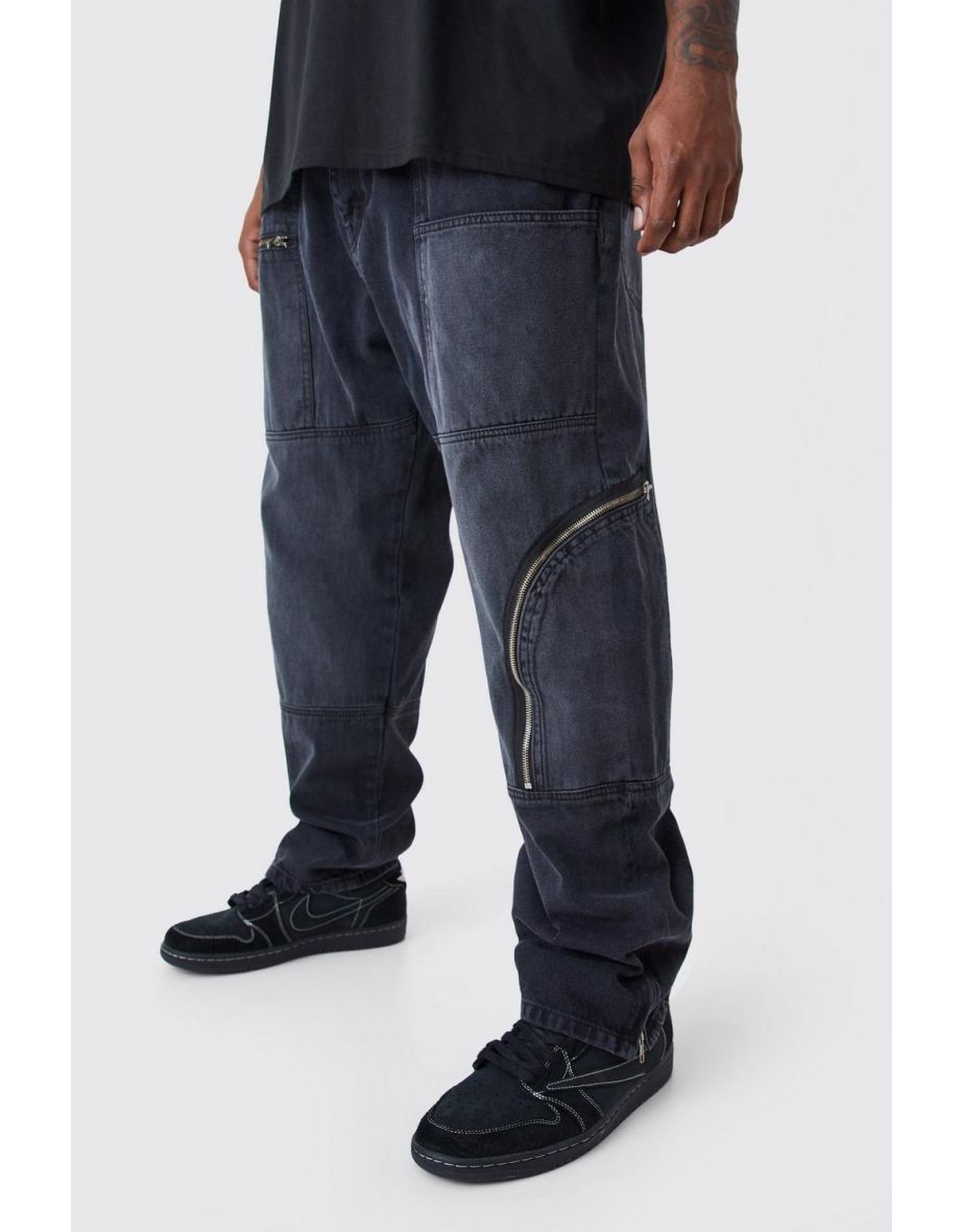 Plus Straight Rigid Zip Detail Jeans - washed black