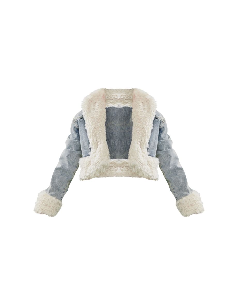 Vintage Wash Faux Fur Trim Cropped Denim Jacket - 4