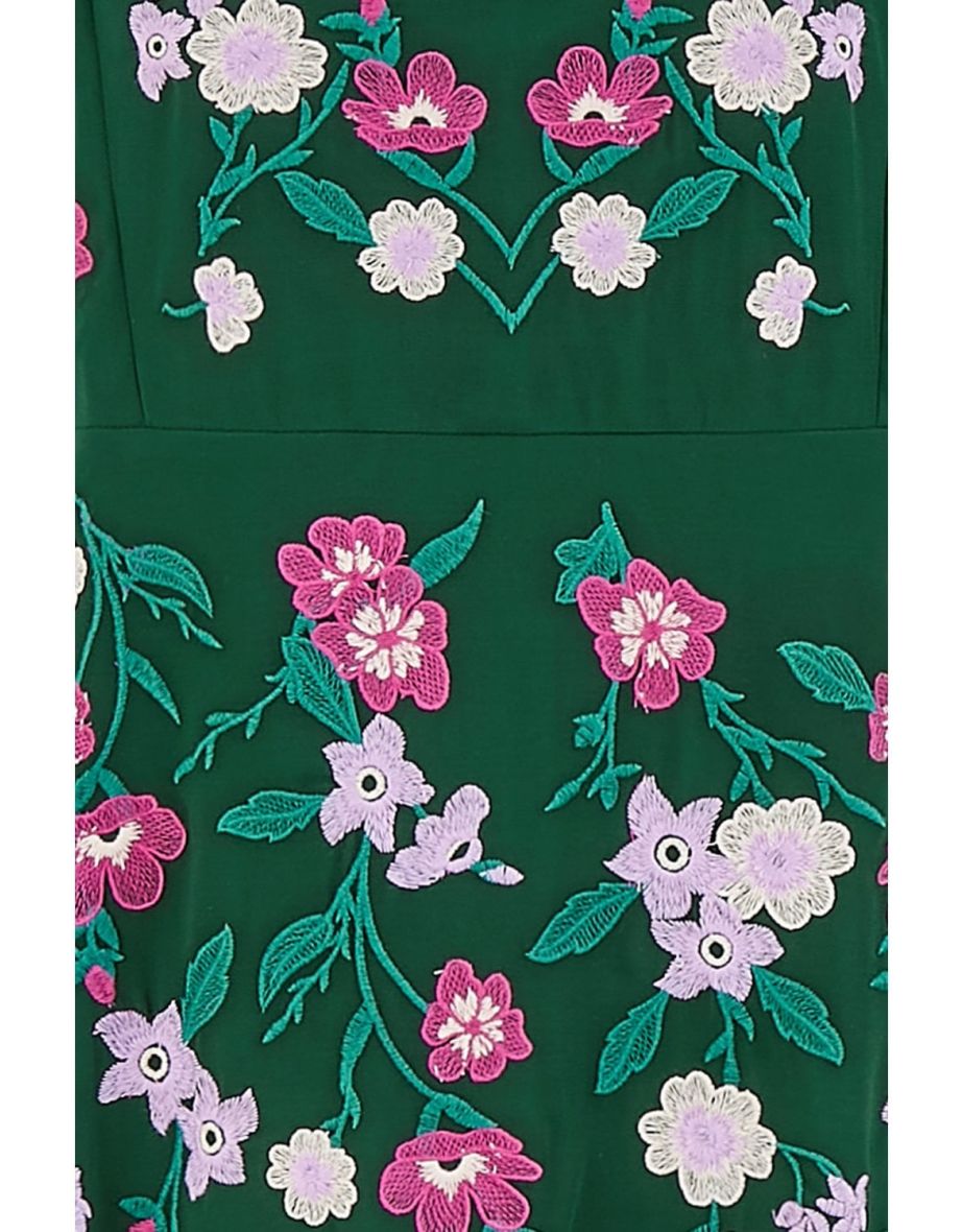 Yumi Green All Over Floral Embroidery Midi Skater Dress - 6