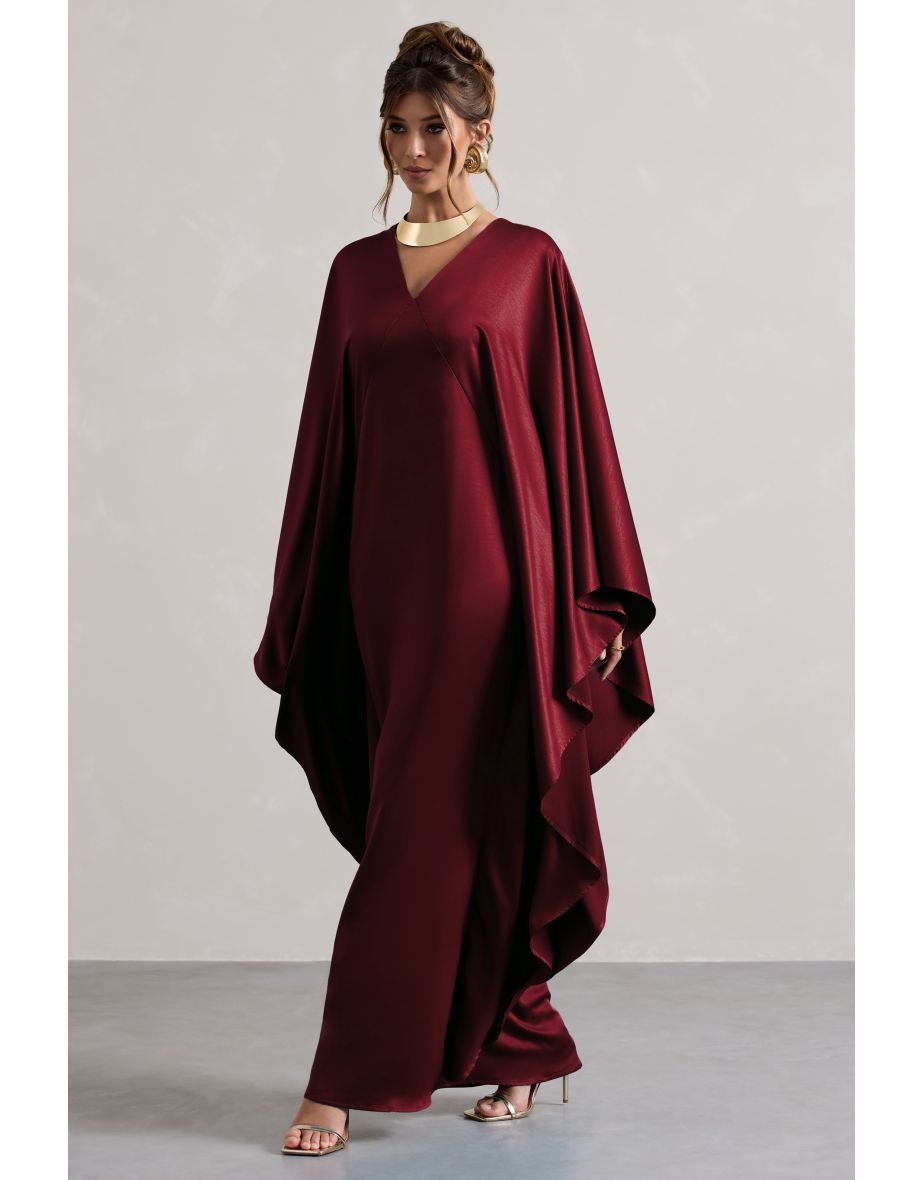 Alohi | Berry Satin Plunge Cape Maxi Dress - 4