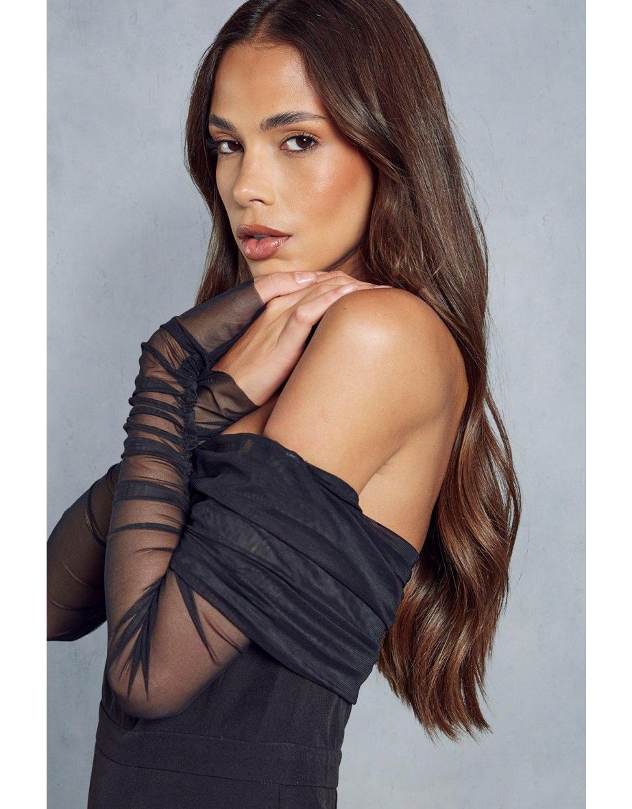 Mesh Ruched Off Shoulder Bardot Wide Leg Jumpsuit - 3