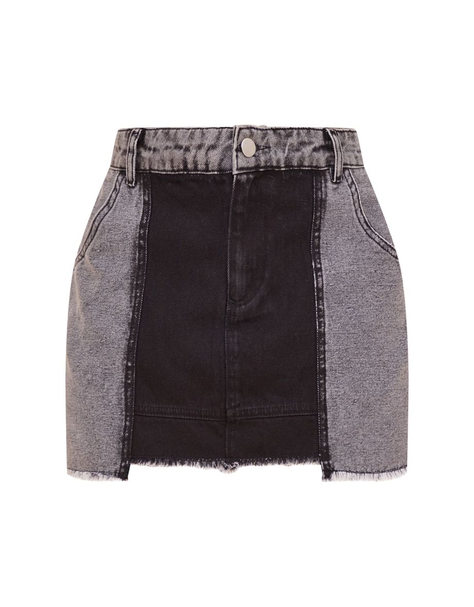 Washed Black Panel Denim Mini Skirt - 5