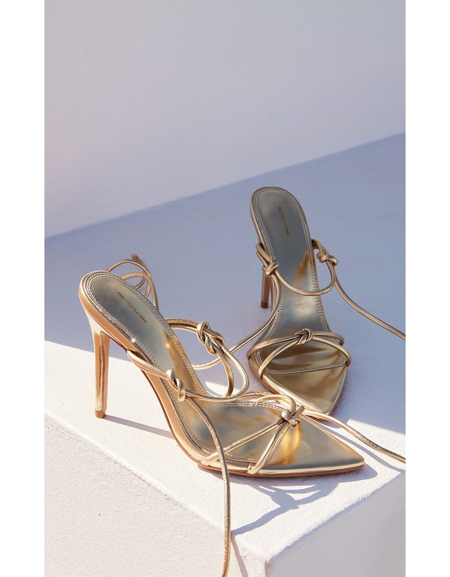 Gold PU Point Toe Metallic Strappy Lace Up Heeled Sandals